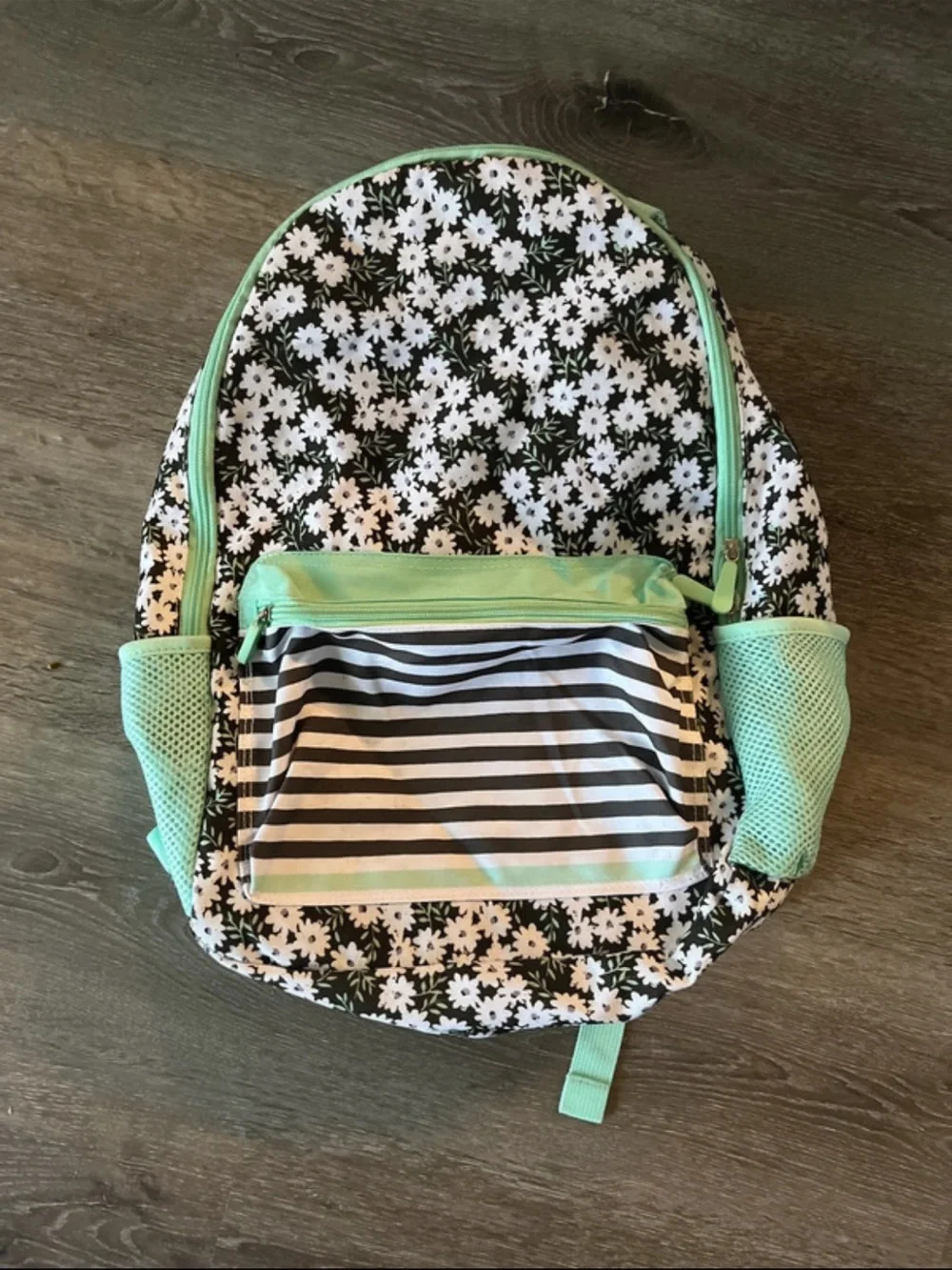 Kids Mint Daisy Backpack with Striped Front Pocket